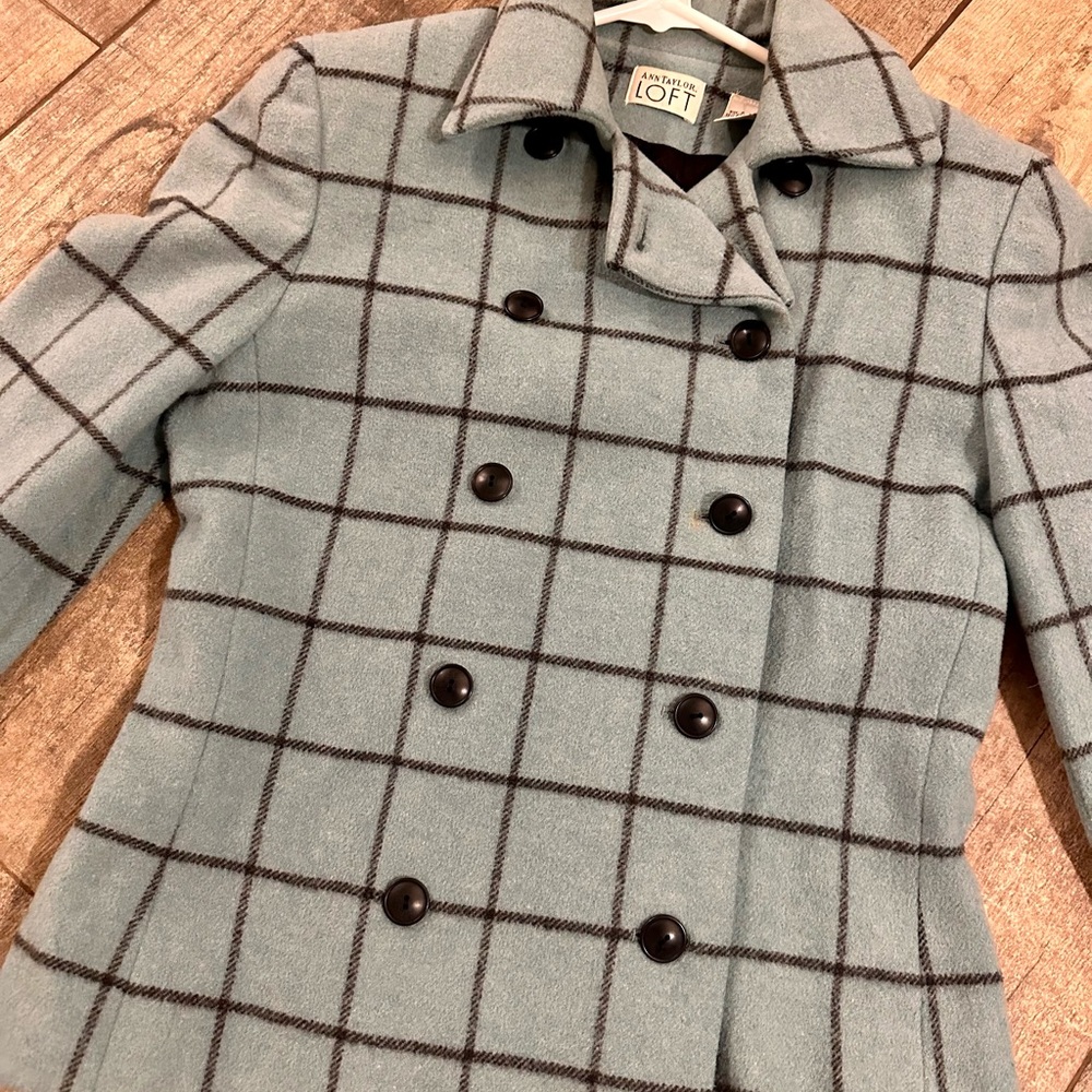 Ann Taylor Women's Teal Plaid Pea Coat Wool Fitted Buttons Classy - Picture 4 of 7